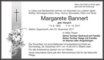 Traueranzeige von Margarete Bannert von Frankenpost
