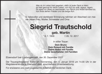 Traueranzeige von Siegrid Trautschold von Neue Presse Coburg