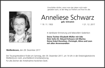 Traueranzeige von Anneliese Schwarz von Neue Presse Coburg