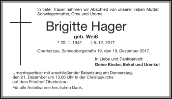 Traueranzeige von Brigitte Hager von Frankenpost
