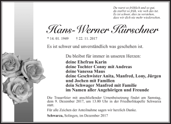 Traueranzeige von Hans-Werner Kürschner von Südthüringer Presse