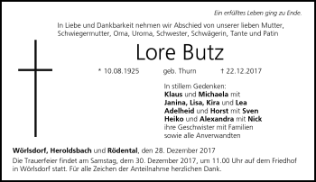 Traueranzeige von Lore Butz von Neue Presse Coburg