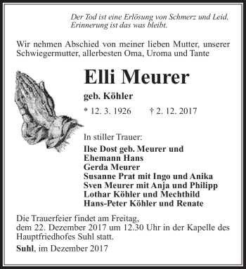 Traueranzeige von Elli Meurer von Südthüringer Presse