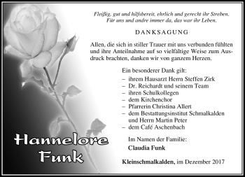Traueranzeige von Hannelore Funk von Südthüringer Presse