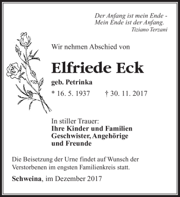 Traueranzeige von Elfriede Eck von Südthüringer Presse