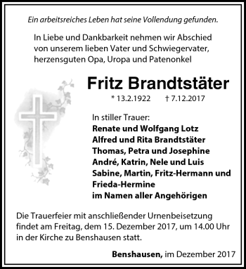 Traueranzeige von Fritz Brandtstäter von Südthüringer Presse