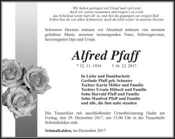 Traueranzeige von Alfred Pfaff von Südthüringer Presse