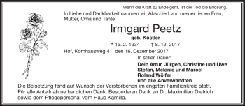 Traueranzeige von Irmgard Peetz von Frankenpost