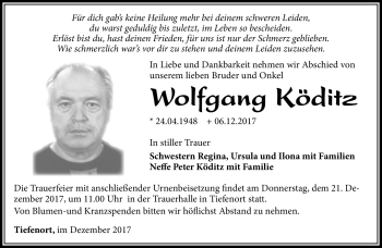 Traueranzeige von Wolfgang Köditz von Südthüringer Presse