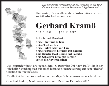 Traueranzeige von Gerhard Kramß von Südthüringer Presse
