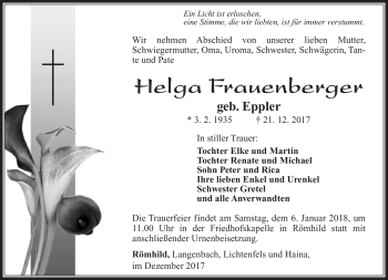 Traueranzeige von Helga Frauenberger von Südthüringer Presse
