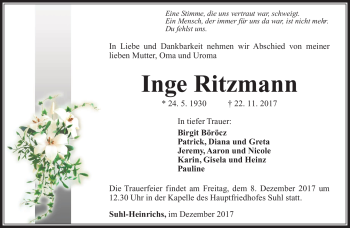 Traueranzeige von Inge Ritzmann von Südthüringer Presse
