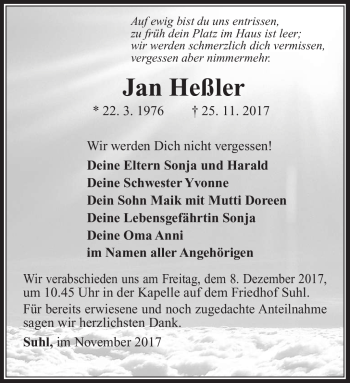 Traueranzeige von Jan Heßler von Südthüringer Presse