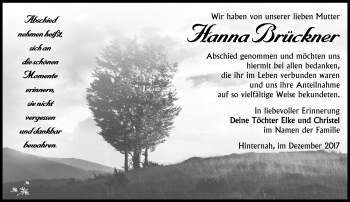 Traueranzeige von Hanna Brückner von Südthüringer Presse