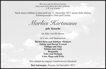 Traueranzeige von Marlies Hartmann von Südthüringer Presse
