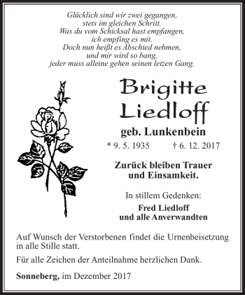 Traueranzeige von Brigitte Liedloff von Südthüringer Presse