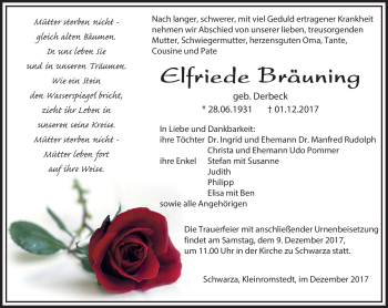 Traueranzeige von Elfriede Bräuning von Südthüringer Presse