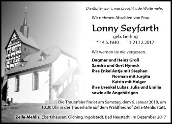 Traueranzeige von Lonny Seyfarth von Südthüringer Presse