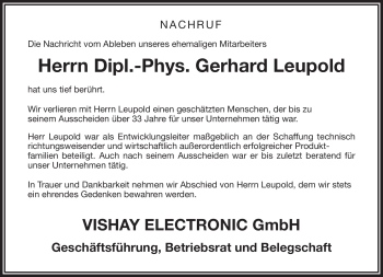 Traueranzeige von Gerhard Leupold von Frankenpost