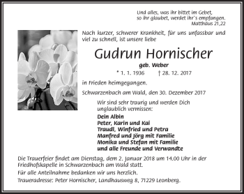 Traueranzeige von Gudrun Hornischer von Frankenpost
