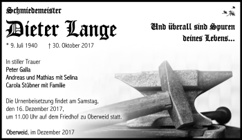 Traueranzeige von Dieter Lange von Südthüringer Presse