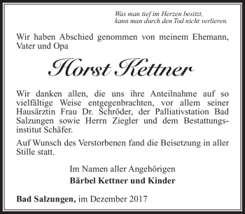Traueranzeige von Horst Kettner von Südthüringer Presse