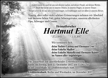 Traueranzeige von Hartmut Elle von Südthüringer Presse
