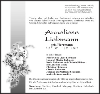 Traueranzeige von Anneliese Liebermann von Südthüringer Presse
