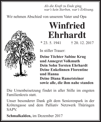 Traueranzeige von Winfried Ehrhardt von Südthüringer Presse