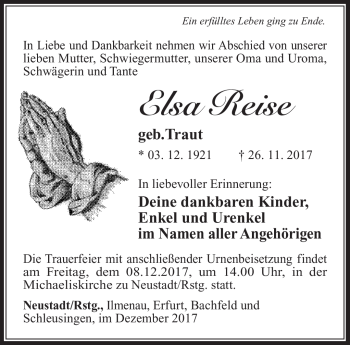 Traueranzeige von Elsa Reise von Südthüringer Presse
