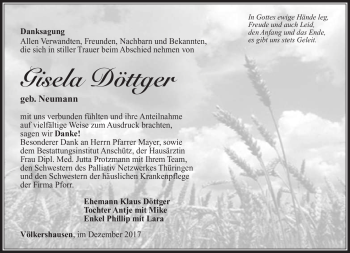 Traueranzeige von Gisela Döttger von Südthüringer Presse
