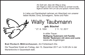 Traueranzeige von Wally Taubmann von Neue Presse Coburg