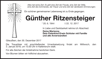 Traueranzeige von Günther Ritzensteiger von Neue Presse Coburg
