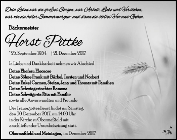 Traueranzeige von Horst Pittke von Südthüringer Presse