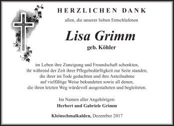 Traueranzeige von Lisa Grimm von Südthüringer Presse