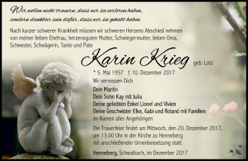 Traueranzeige von Karin Krieg von Südthüringer Presse