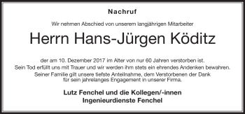 Traueranzeige von Hans-Jürgen Köditz von Südthüringer Presse