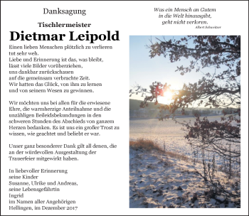 Traueranzeige von Dieter Leipold von Südthüringer Presse