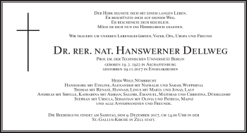 Traueranzeige von Hanswerner Dellweg von Frankenpost