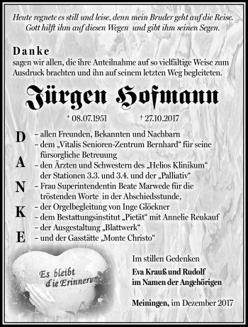 Traueranzeige von Jürgen Hofmann von Südthüringer Presse