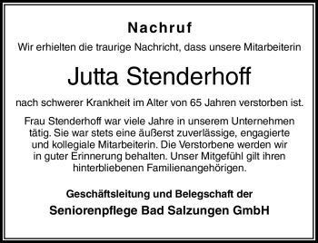 Traueranzeige von Jutta Stenderhoff von Südthüringer Presse