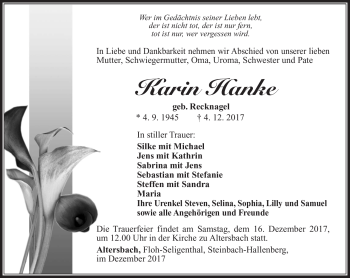 Traueranzeige von Karin Hanke von Südthüringer Presse
