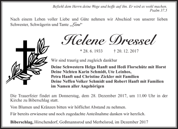 Traueranzeige von Helene Dressel von Südthüringer Presse