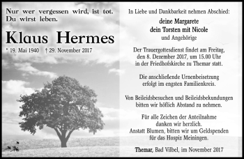 Traueranzeige von Klaus Hermes von Südthüringer Presse