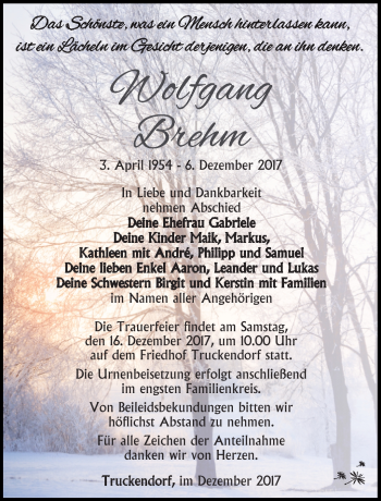 Traueranzeige von Wolfgang Brehm von Südthüringer Presse
