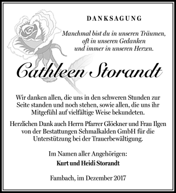 Traueranzeige von Cathleen Storandt von Südthüringer Presse