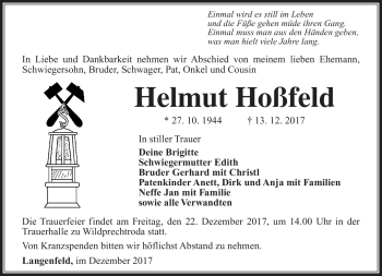 Traueranzeige von Helmut Hoßfeld von Südthüringer Presse
