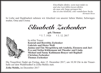 Traueranzeige von Elisabeth Zschenker von Südthüringer Presse