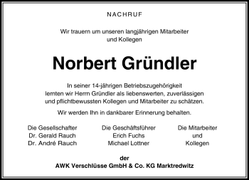 Traueranzeige von Norbert Gründler von Frankenpost