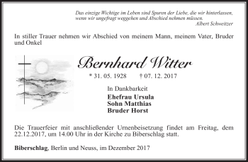 Traueranzeige von Bernhard Witter von Südthüringer Presse